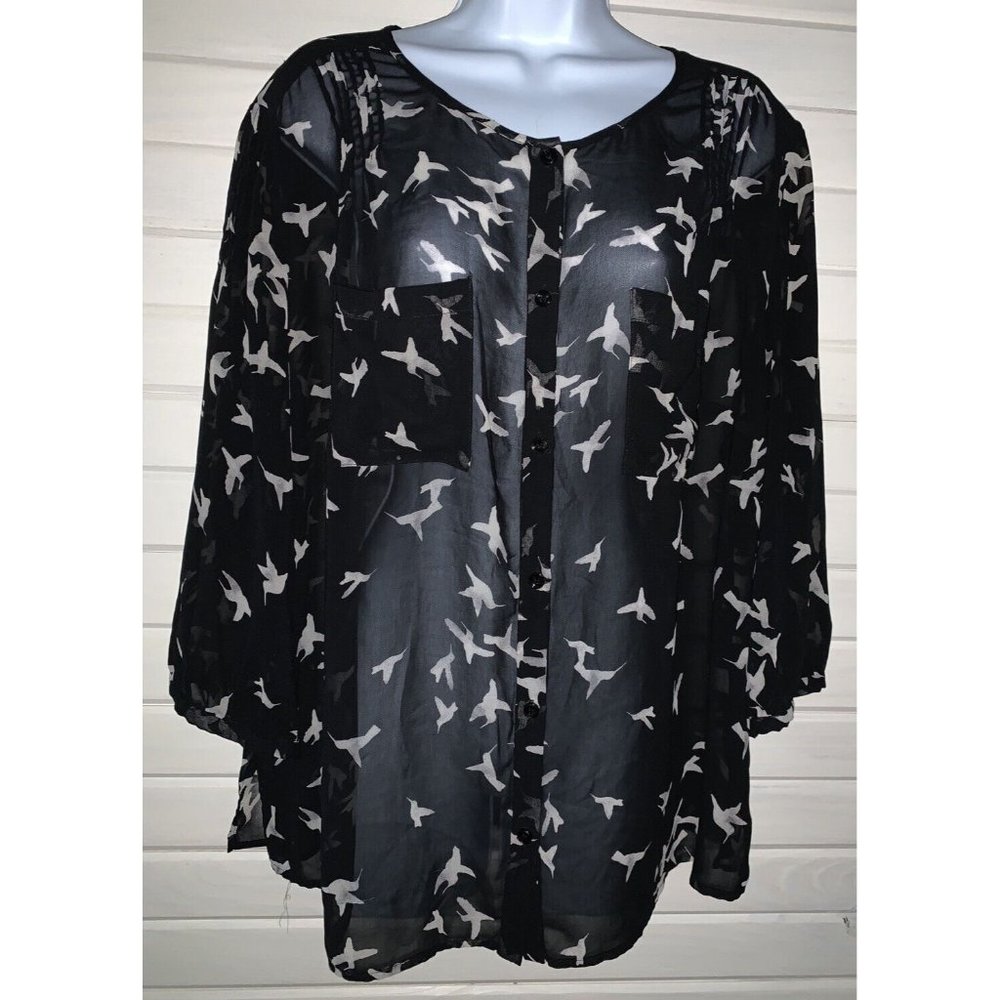 Sejour Blouse Sz 14W Plus Black Ivory Birds Pintucked Button Front Sheer VGUC - Picture 3 of 10